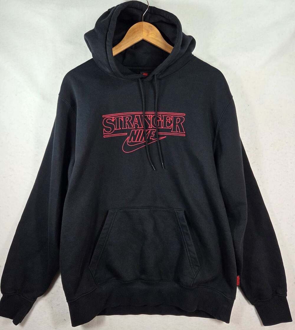 Nike x Stranger Things Hoodie Mens Large Black Red Logo Fleece Sweatshirt